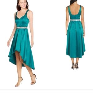 Seguin Hearts Belted Stretch Satin Asymmetrical Dress Green Color Size 3